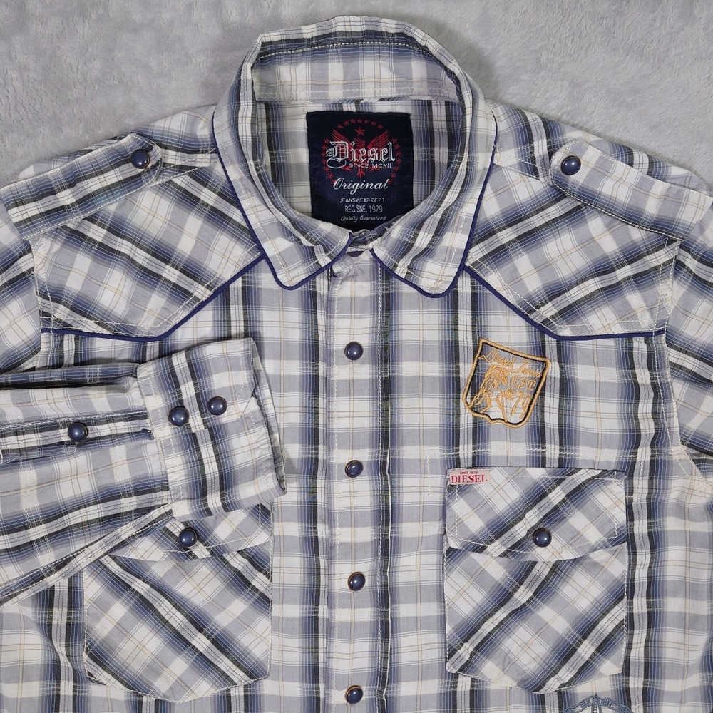 Diesel Western Shirt Mens S Gray Plaid Pearl Snap Patches Epaulettes Trucker Y2K